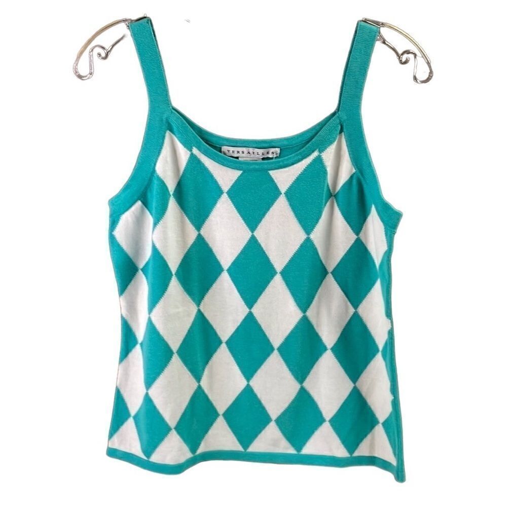 Versailles Diamond Argyle Cotton Tank Top Teal White Vintage NWT